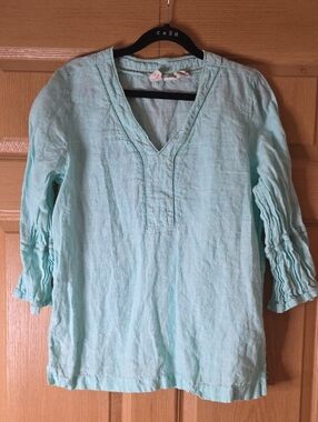 Joie Aqua Linen Tunic Top V-Neck Pintuck Sleeves Women's Medium GUC